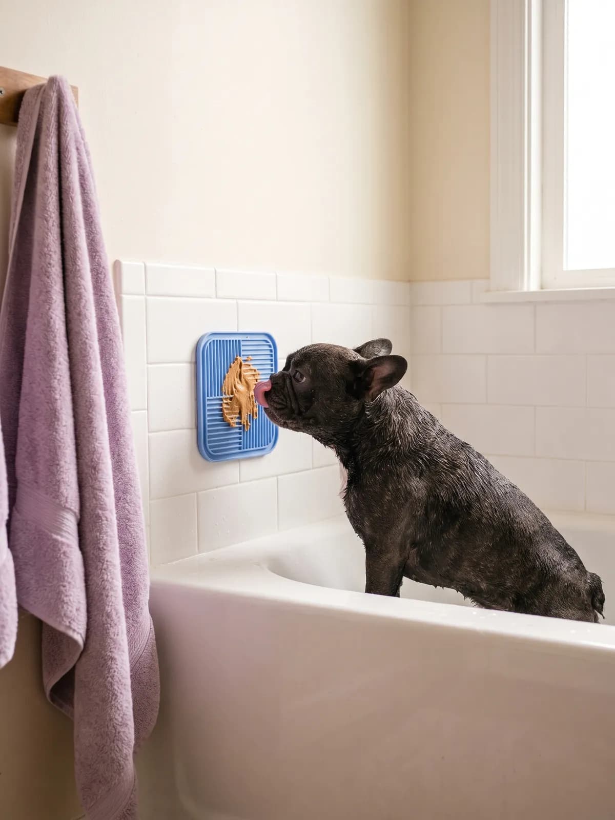 Illustration: a French bulldog in the bath licking a blue lick pad stuck to the tile wall