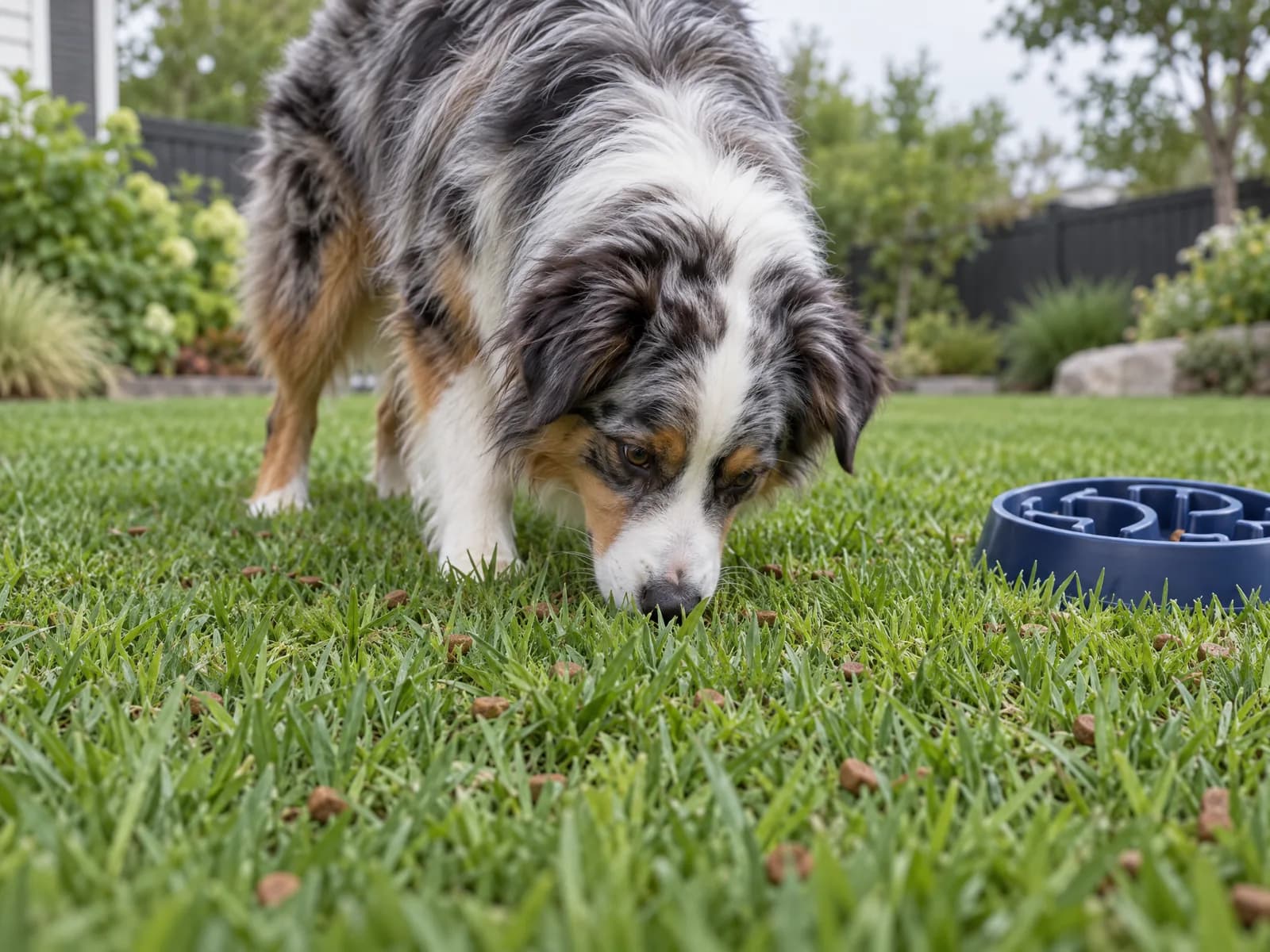 An Australian shepherd sniffing out scattered kibble in the grass