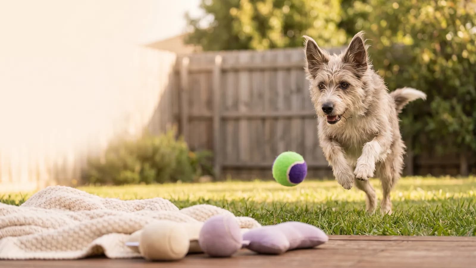 Illustration: a scruffy dog sprinting across a sunny backyard after a bouncing tennis-style ball
