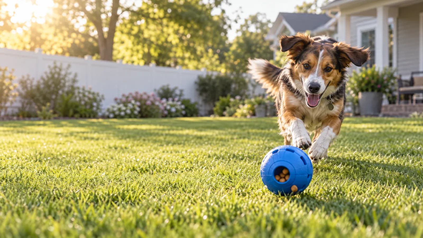A dog sprinting across a sunny backyard after a rolling blue treat ball