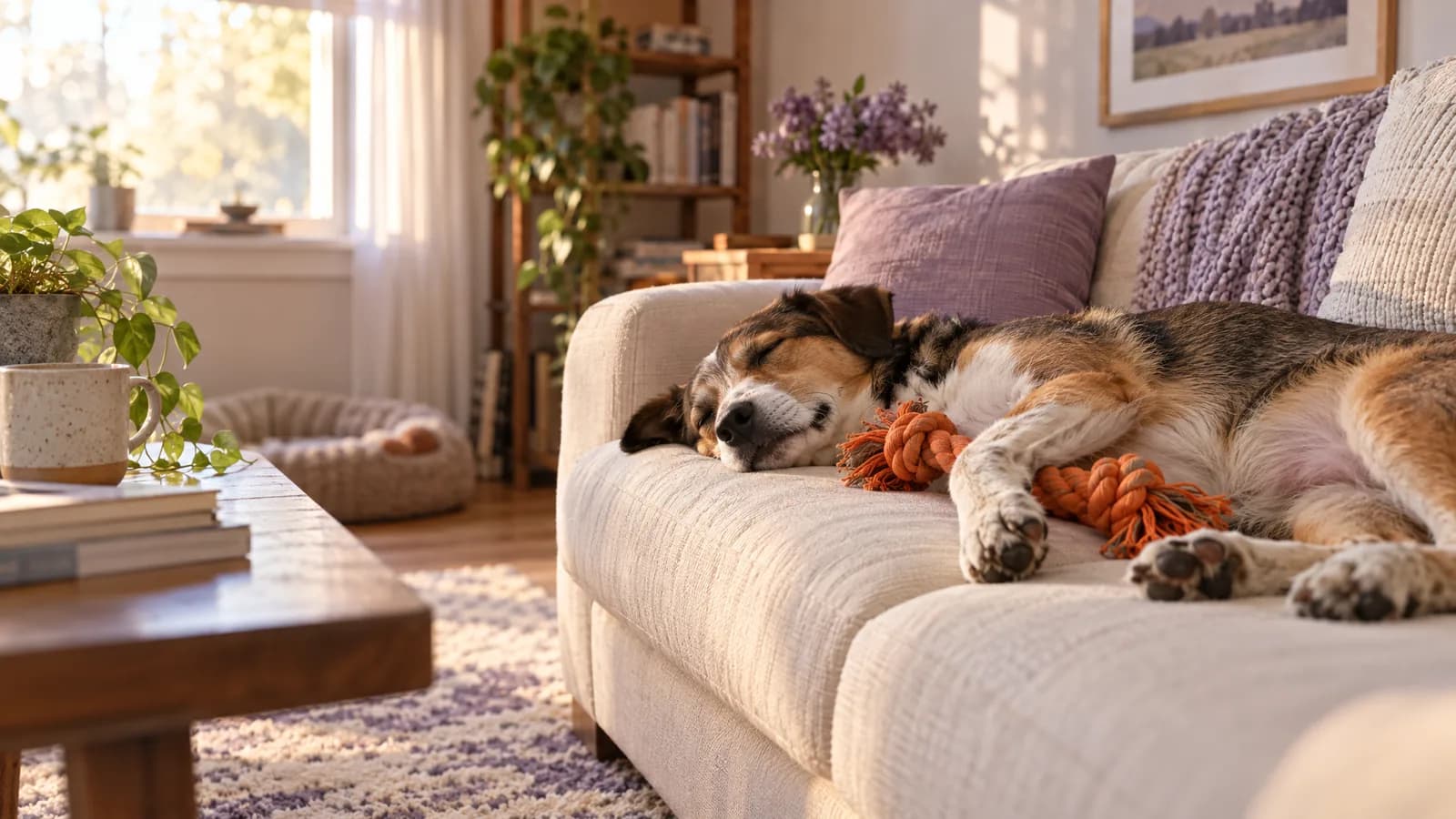 A dog fast asleep on a cream sofa after play, a rope toy tucked against its chest
