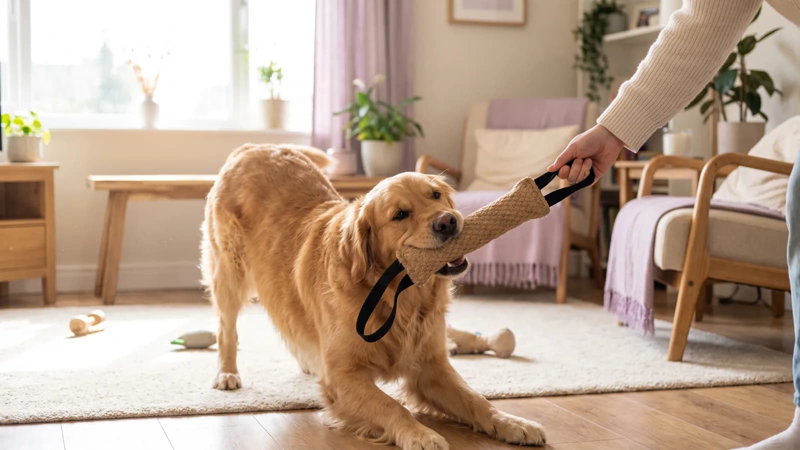 Illustration: a golden retriever in a play bow, tugging a jute tug held by its person