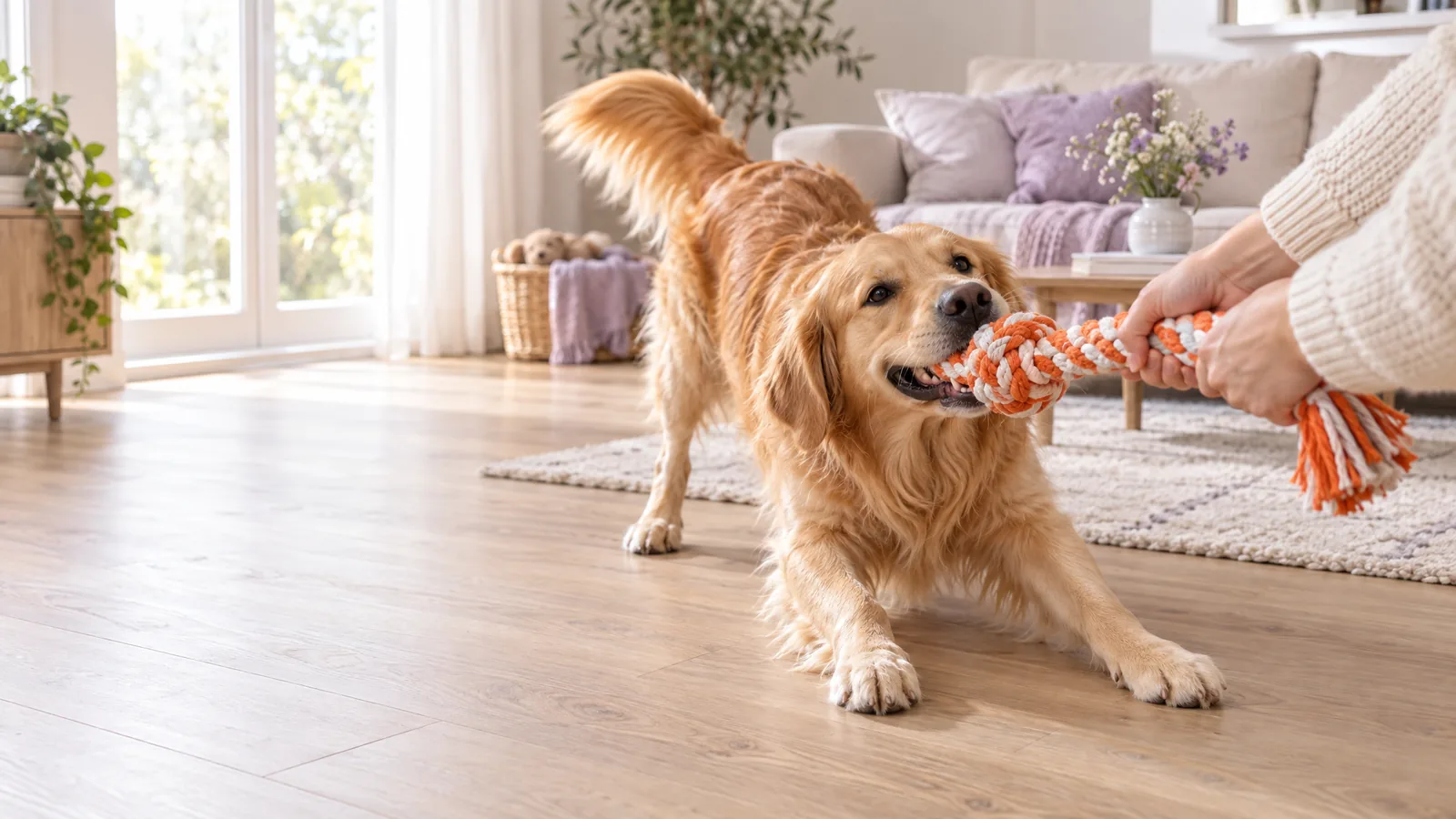 A golden retriever playing tug with a braided rope toy held by its person