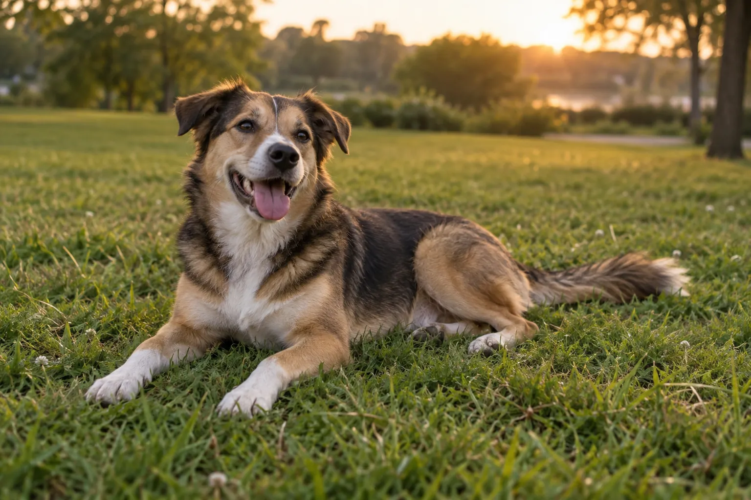A dog lying on the grass in evening light after play
