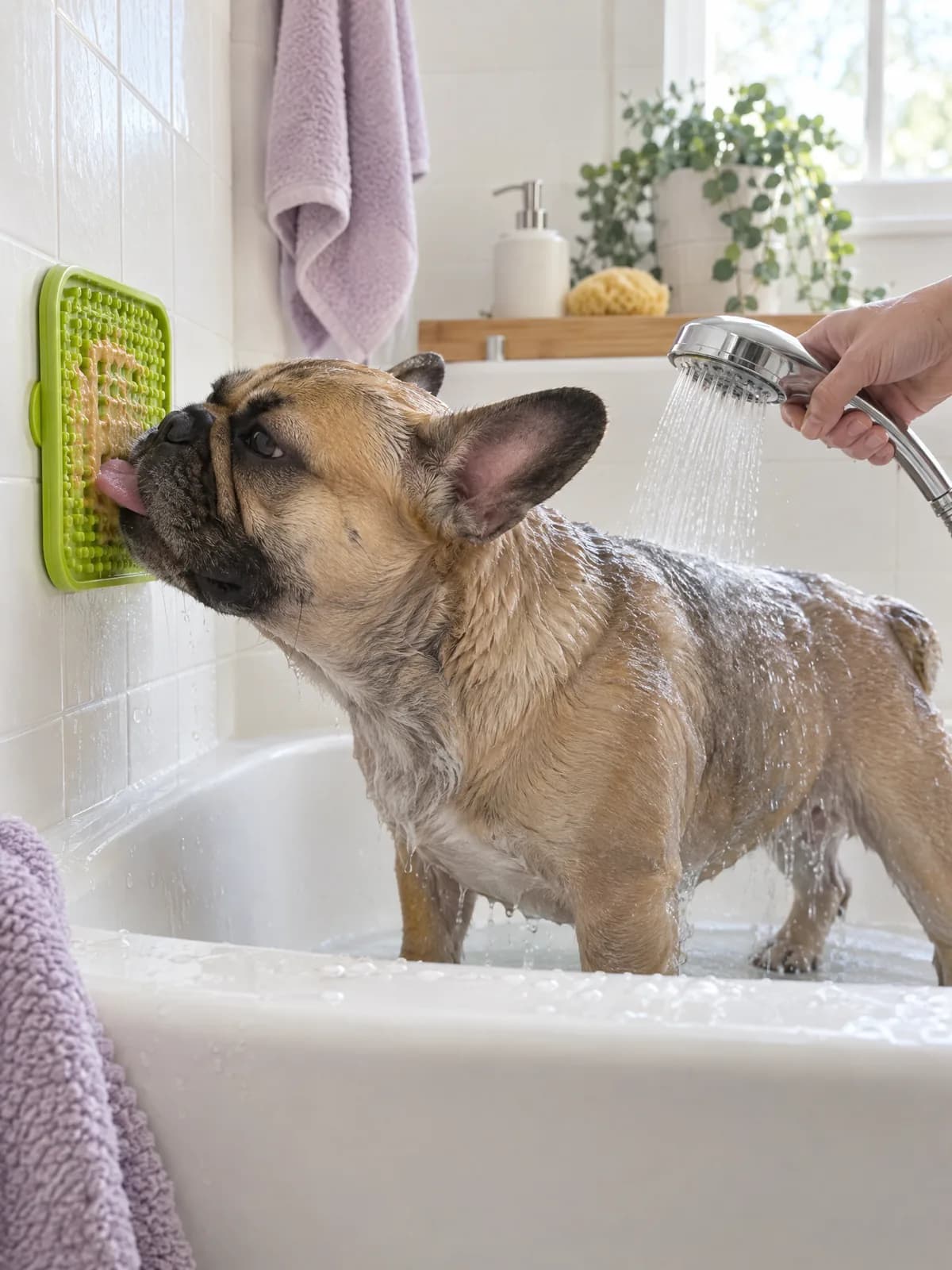 A French bulldog licking a lime lick pad on the tile wall during a bath
