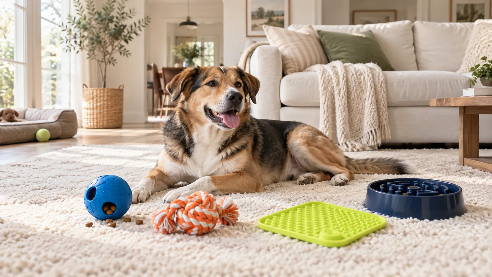 A happy, tired dog resting on a rug beside the four Pawplay toys