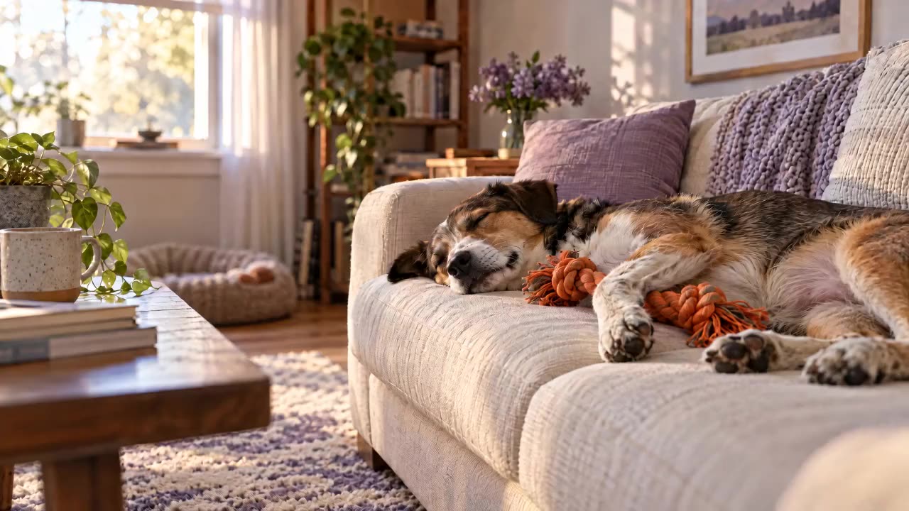 A tired dog asleep on the sofa after play, paw twitching as it dreams